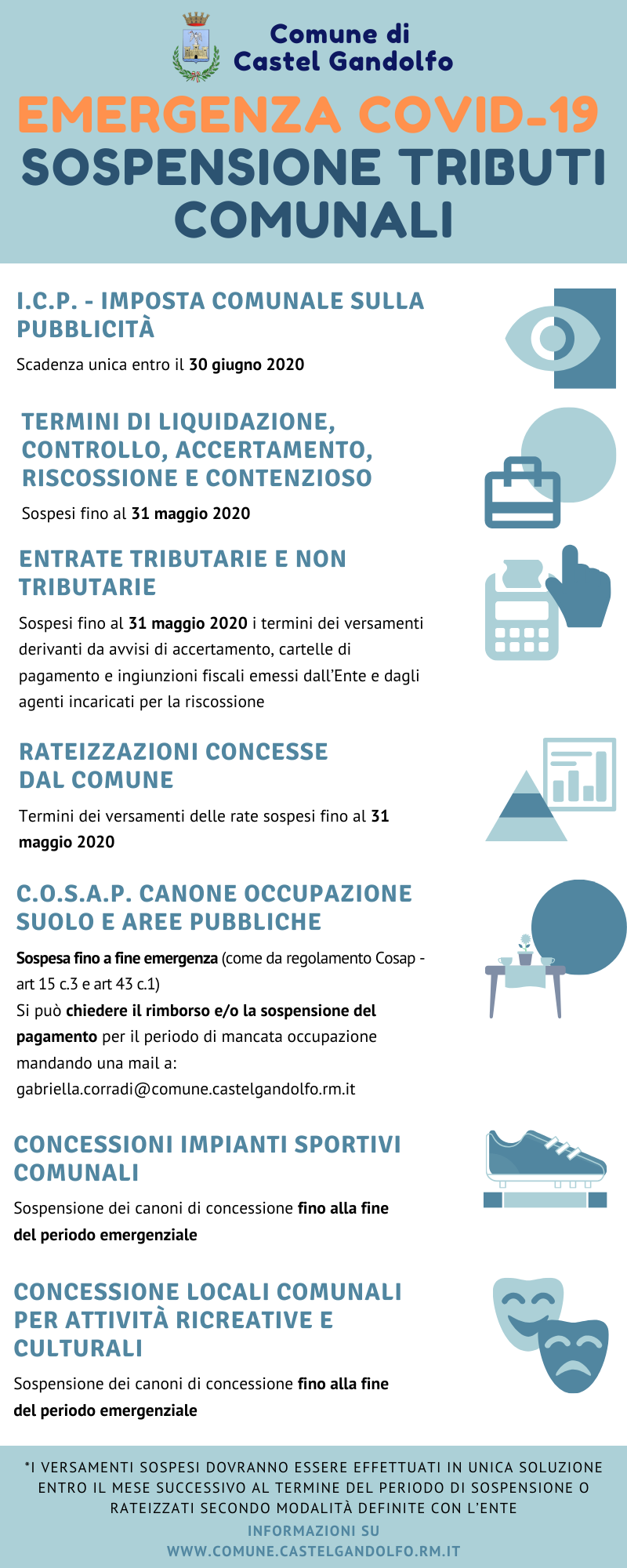 Castel Gandolfo, sostegno a cittadini e imprese con sospensione tributi, riscossioni e accertamenti