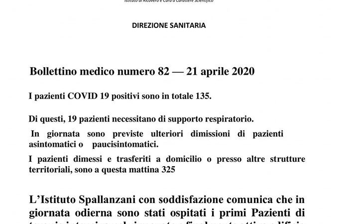 Coronavirus, 21/04/2020: aggiornamento dall’Ospedale “Lazzaro Spallanzani” di Roma