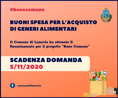 Lanuvio, progetto “Bene Comune” – Buoni spesa per l’acquisto di generi alimentari