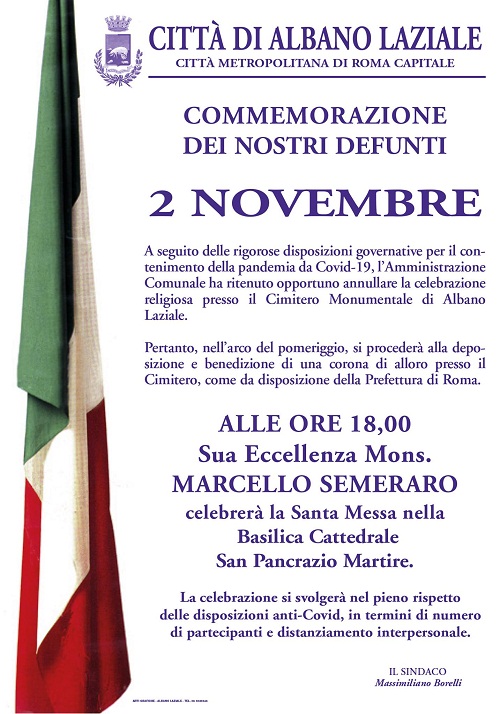 Albano, 2 novembre: corona di alloro al Cimitero e messa solenne a San Pancrazio