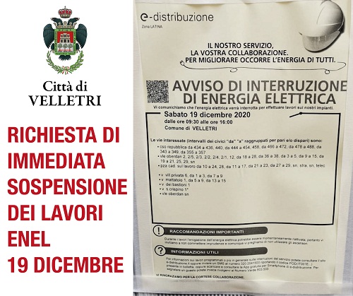 Velletri, lavori ENEL sabato 19 dicembre: Pocci chiede sospensione