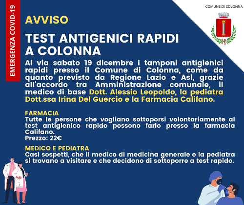 Colonna, Covid-19: dal 19 dicembre via ai test antigenici rapidi