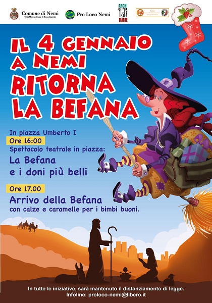 Nemi, lunedì 4 gennaio “Ritorna la Befana” in Piazza Umberto I