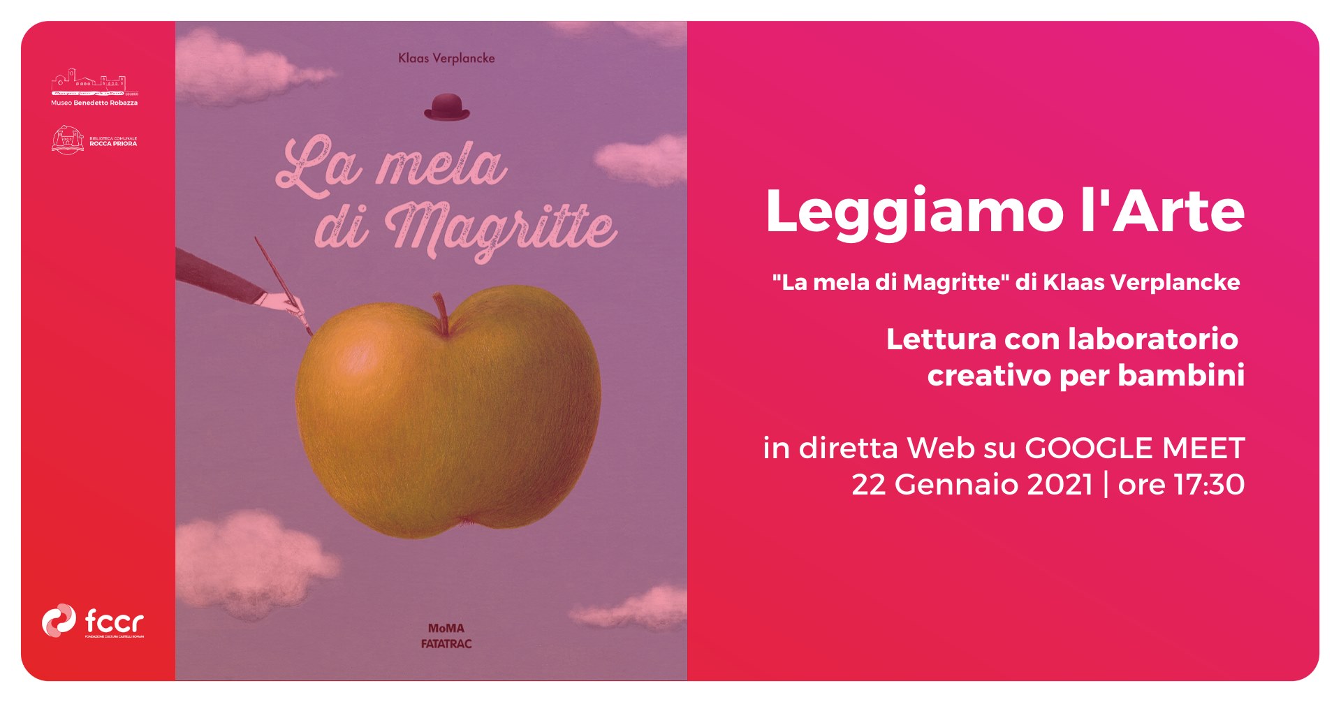 Rocca Priora – “Leggiamo l’Arte”, 22 gennaio letture e laboratorio creativo dedicato a Magritte