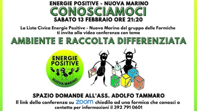 Marino, sabato 13 febbraio videoconferenza con le Formiche su Ambiente e Raccolta Differenziata