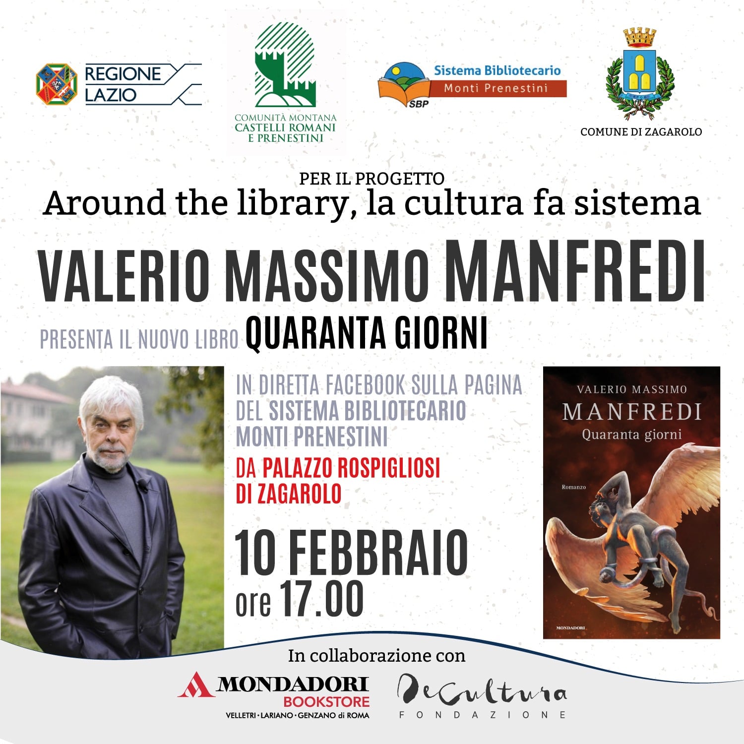 Zagarolo, Palazzo Rospigliosi: il 10 febbraio Valerio Massimo Manfredi presenta “Quaranta giorni”