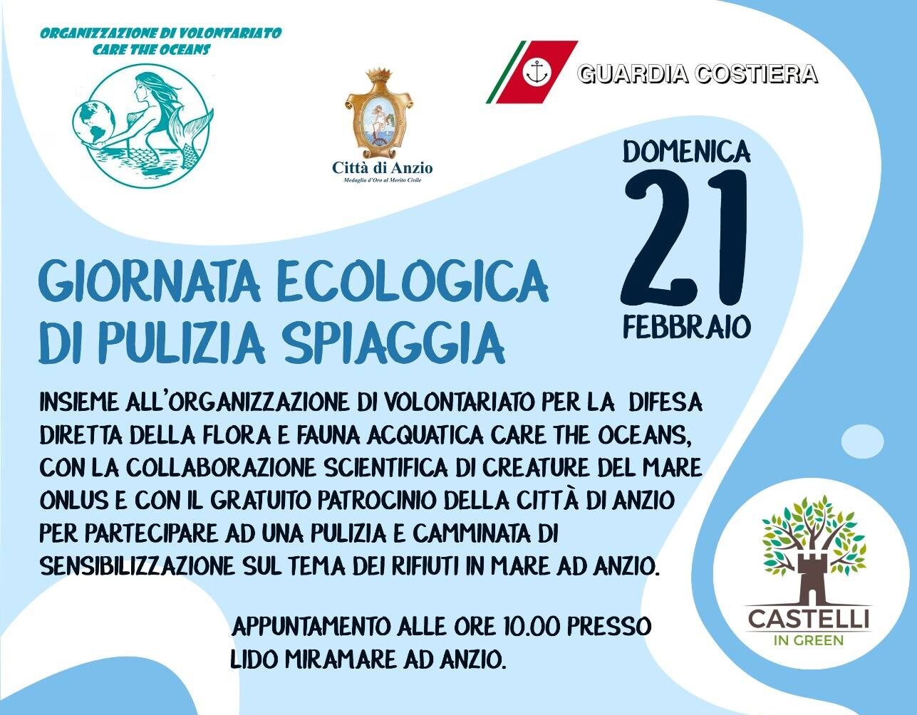 Castelli in Green, 21 febbraio   pulizia in spiaggia ad Anzio con Care the Oceans