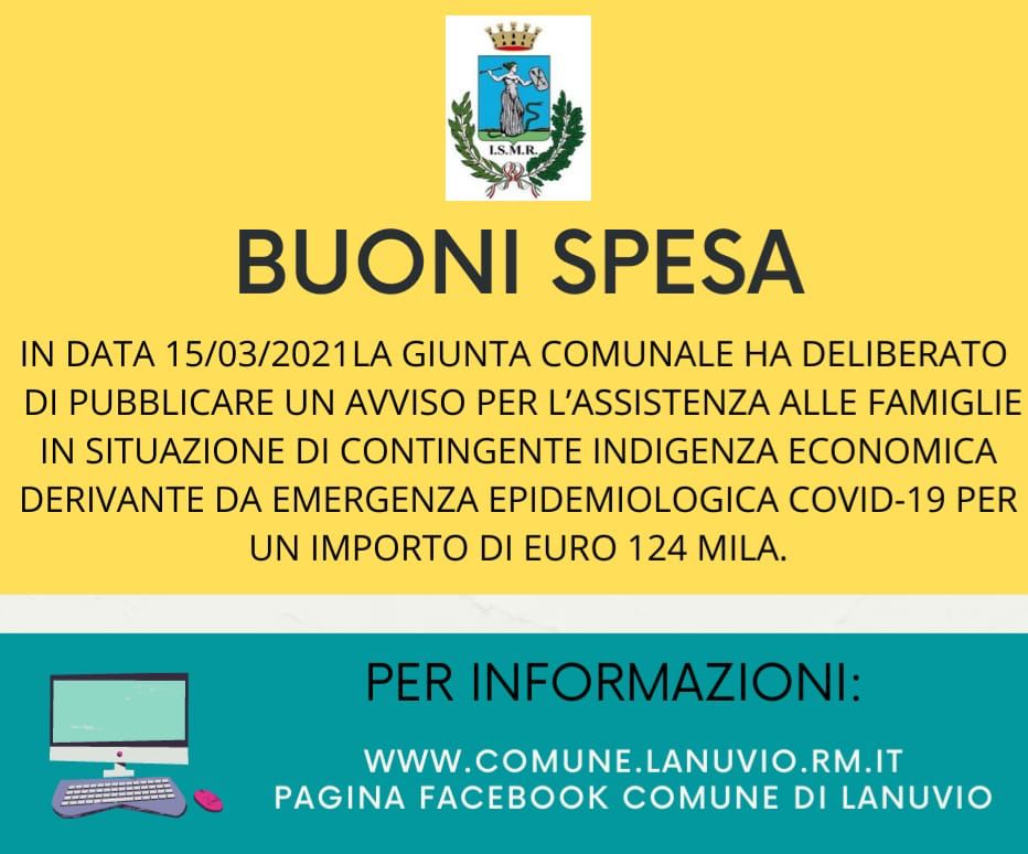 Lanuvio, emergenza-Coronavirus – “Buoni Spesa” e “Bonus Lanuvio 3” per famiglie e attività turistiche