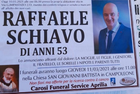 Lanuvio, addio al carabinieri Raffaele Schiavo: domani i funerali a Campoleone