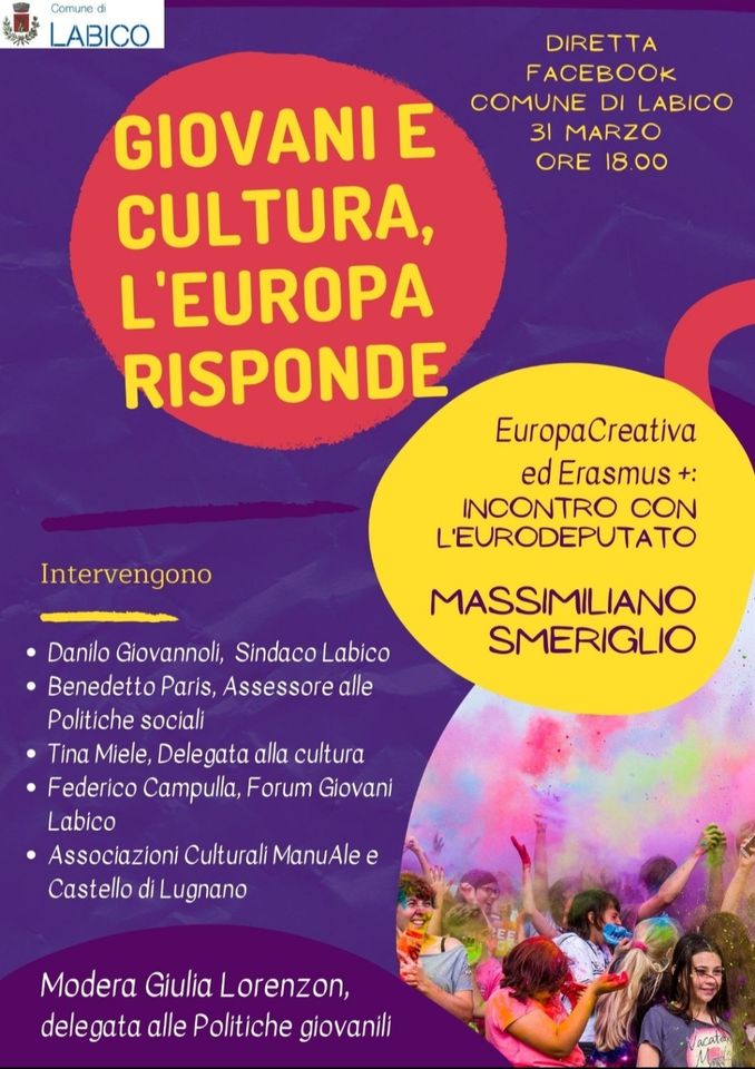 Labico, oggi evento online “Cultura e Giovani, l’Europa risponde”