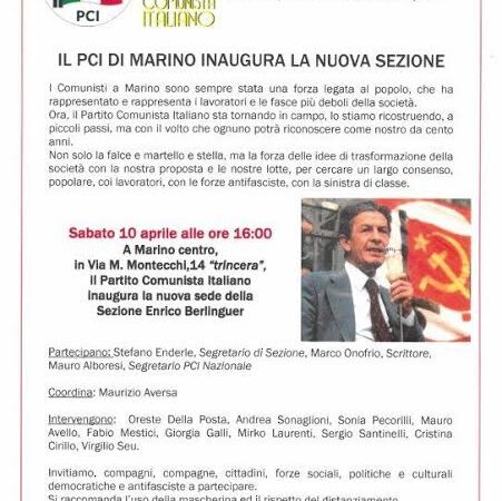 Marino, il 10 aprile inaugura la sezione del PCI locale al centro storico