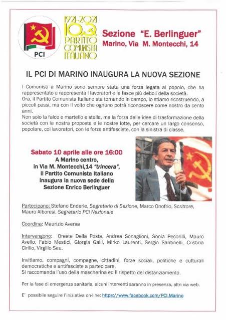 Marino, il 10 aprile inaugura la sezione del PCI locale al centro storico