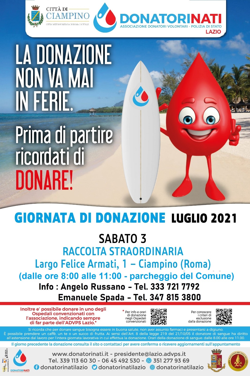 Ciampino, 3 luglio: giornata di donazione del sangue in collaborazione con l’Associazione DonatoriNATI