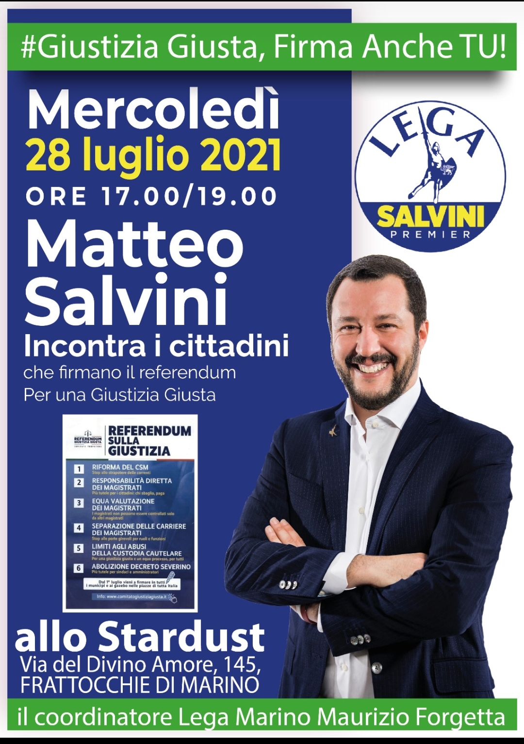 Lega, Matteo Salvini domani a Marino per il referendum sulla giustizia