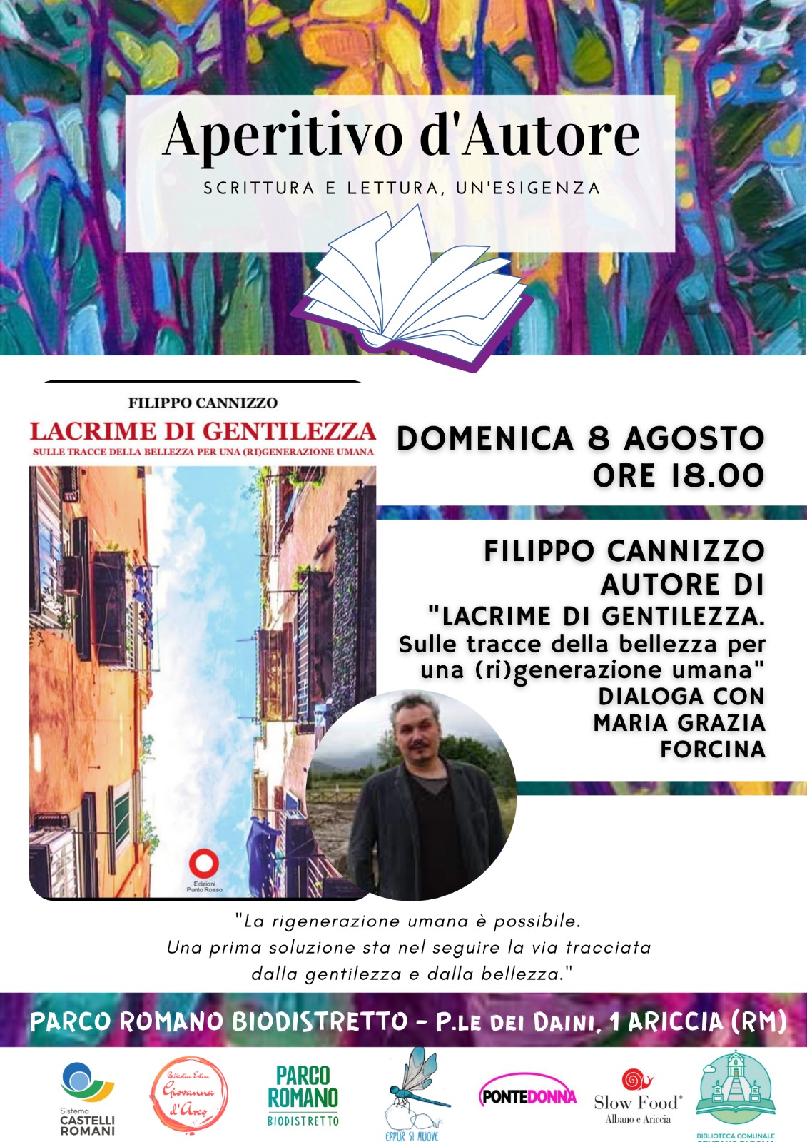 Ariccia, il filosofo e scrittore Filippo Cannizzo presenta “Lacrime di gentilezza” a Parco Romano Biodistretto