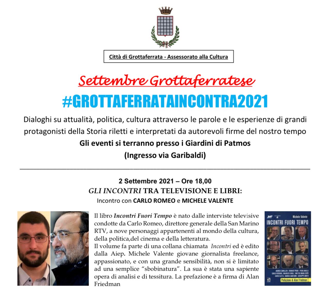 Grottaferrata, al via gli incontri culturali del Settembre Grottaferratese