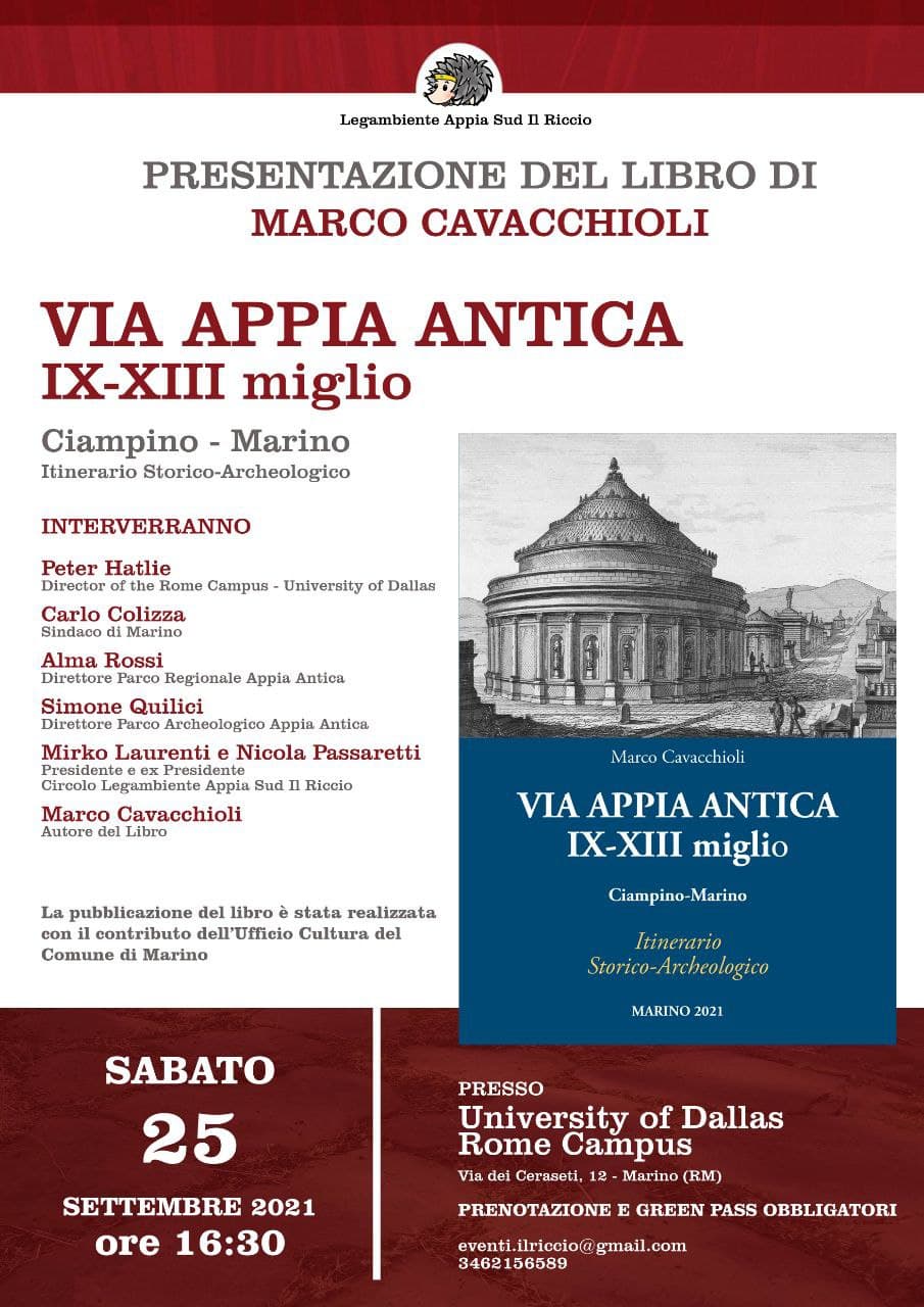 Marino, sabato 25 settembre presentazione del libro “Via Appia Antica IX – XIII miglio Ciampino – Marino. Itinerario Storico – Archeologico”