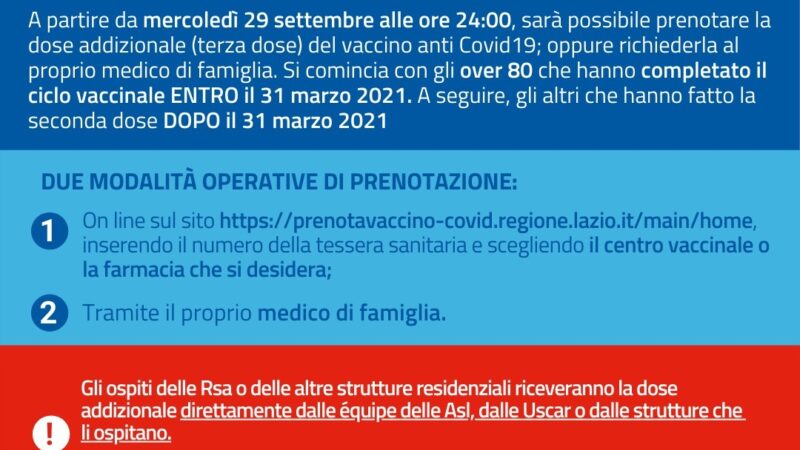 Coronavirus: al via dose addizionale (terza dose) vaccino per over 80 e ospiti RSA