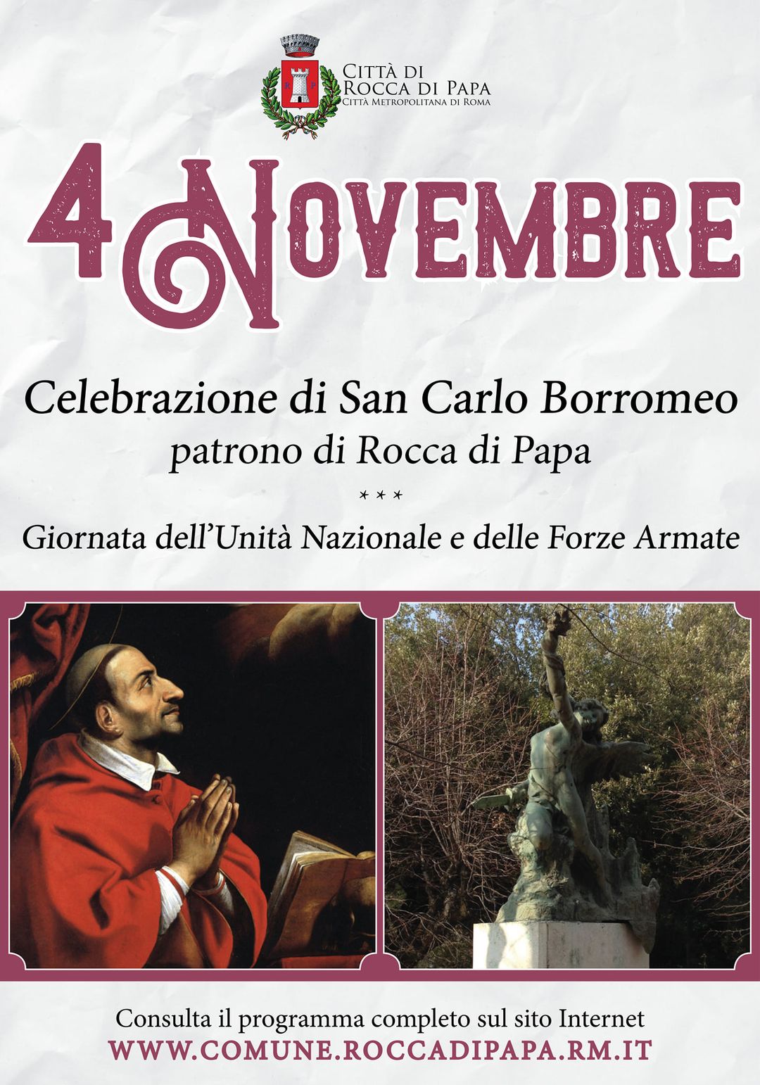 Rocca di Papa, 4 novembre celebrazioni  di San Carlo Borromeo e giornata dell’unità nazionale e delle forze armate