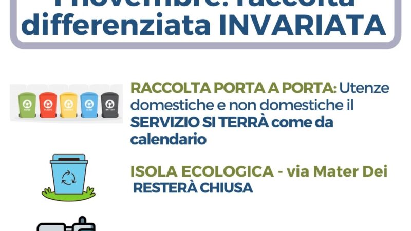 Castel Gandolfo, 1 novembre raccolta differenziata invariata