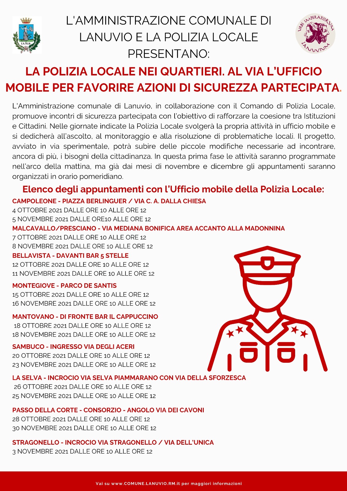 LANUVIO, LA POLIZIA LOCALE NEI QUARTIERI. AL VIA L’UFFICIO MOBILE PER FAVORIRE AZIONI DI SICUREZZA PARTECIPATA