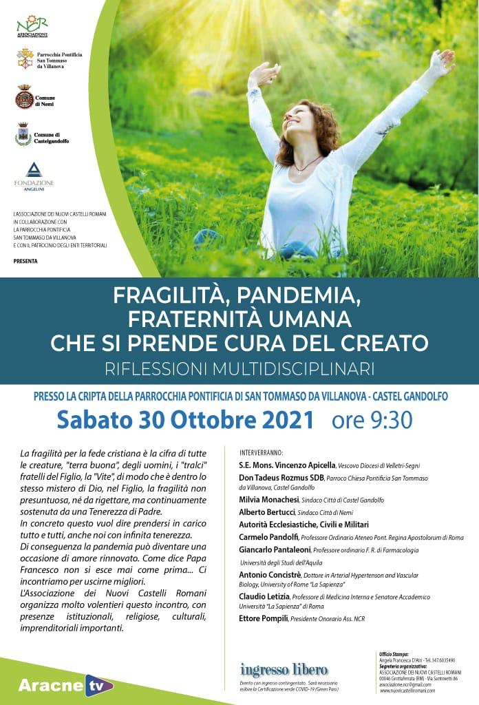 Castel Gandolfo, 30 ottobre l’evento “Fragilità,  pandemia, fraternità umana che si prende cura del creato”