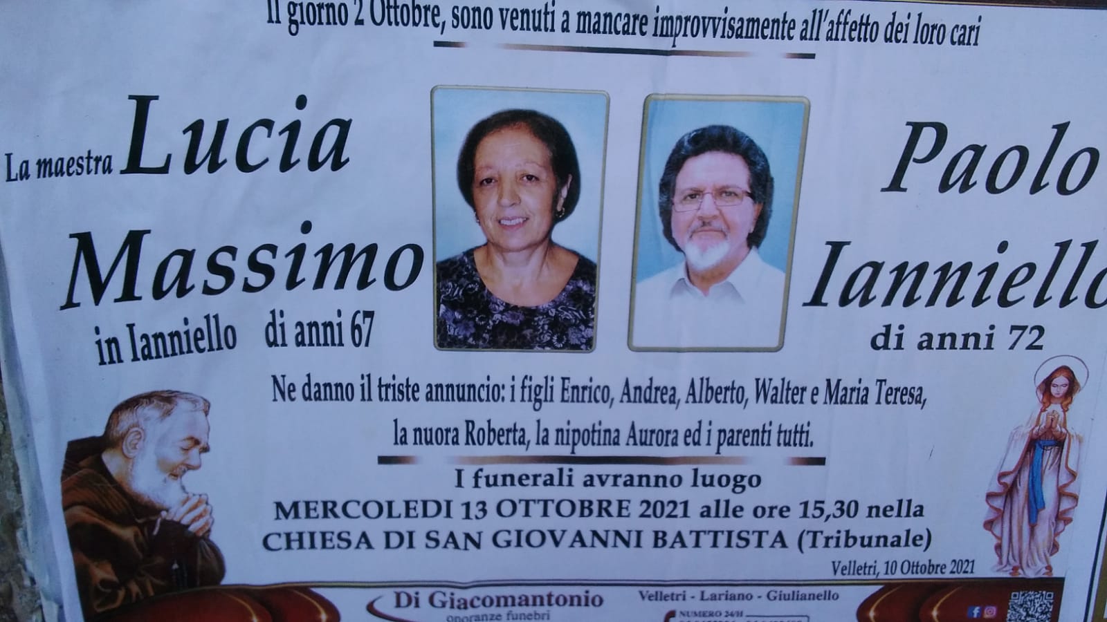 Velletri, celebrati i funerali di Lucia Massimo e Paolo Ianniello