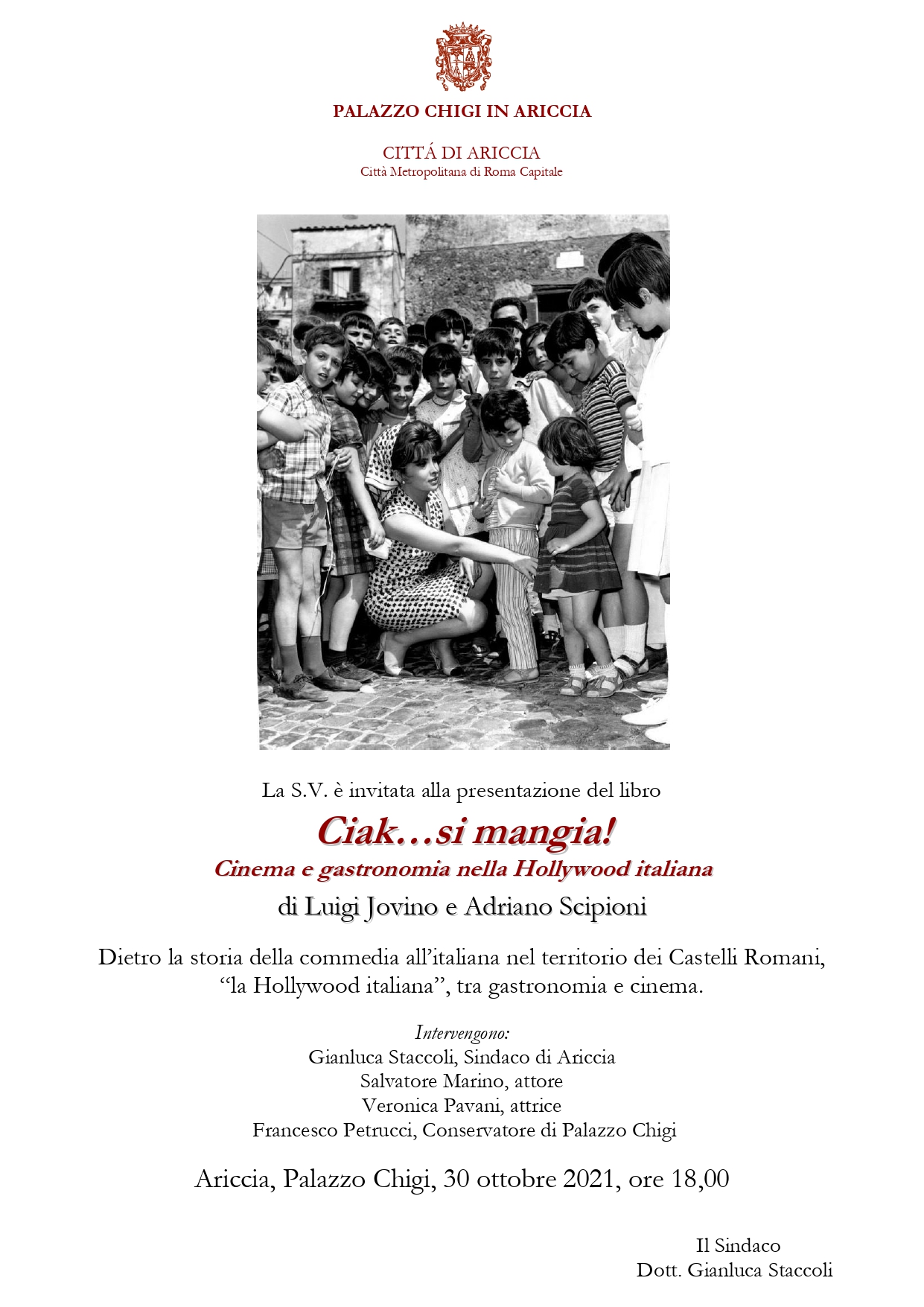 Ariccia, sabato 30 presentazione del libro “Ciak…si mangia!” a Palazzo Chigi