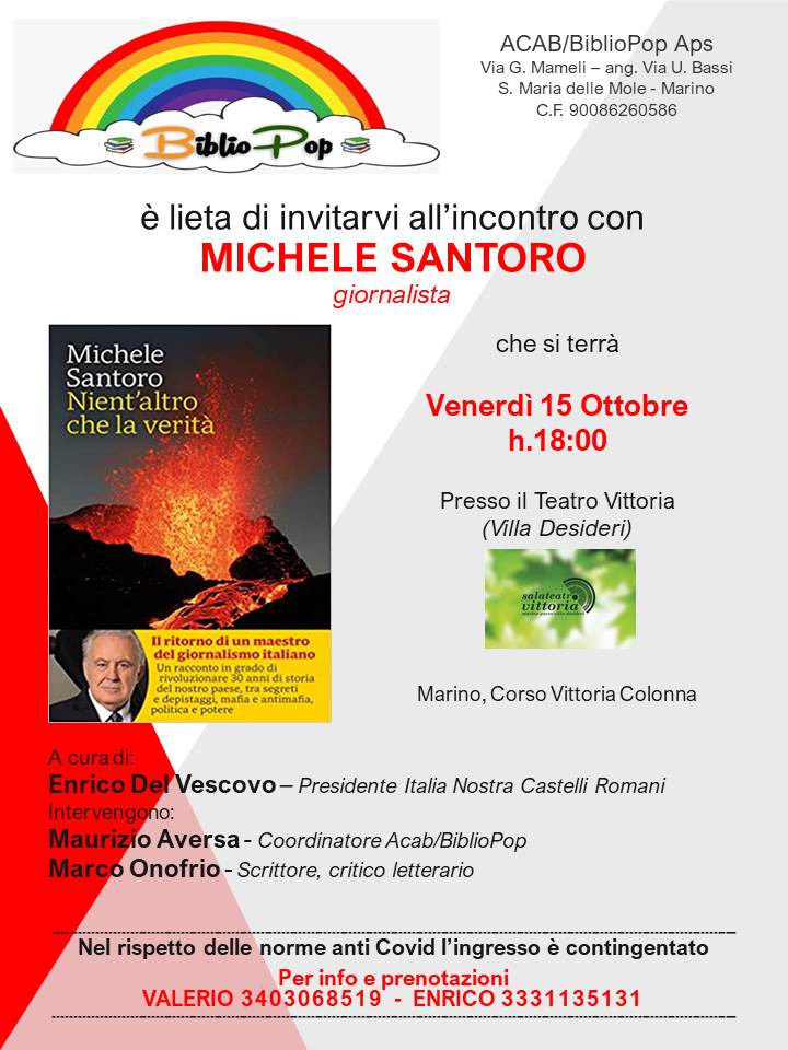 Marino, Bibliopop presenta Michele Santoro alla SalaTeatro Vittoria venerdì 15