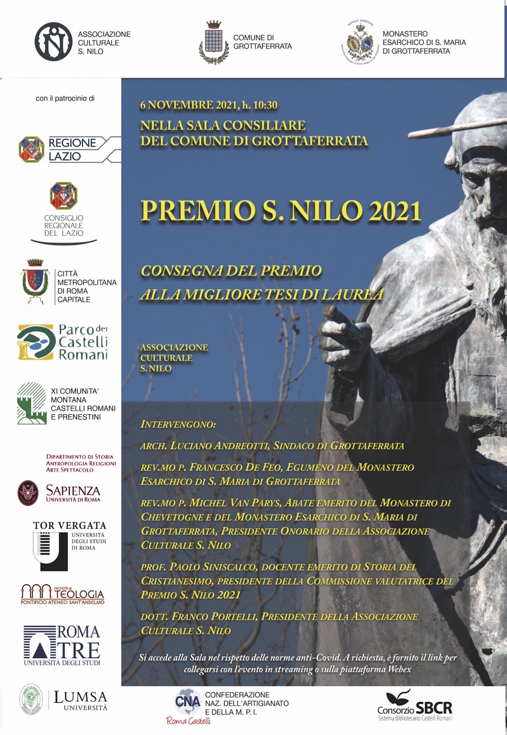 Grottaferrata, premio San Nilo, sabato 6 ottobre premiazione della migliore tesi di laurea