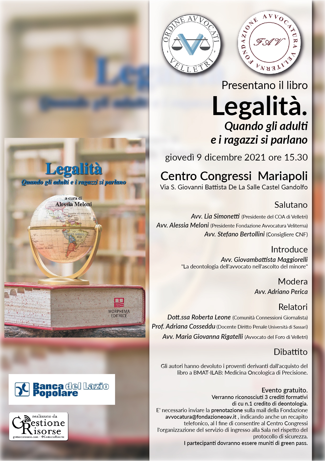 Castel Gandolfo, il 9 dicembre al Centro Mariapoli  presentazione del libro “Legalità. Quando gli adulti e i ragazzi si parlano”