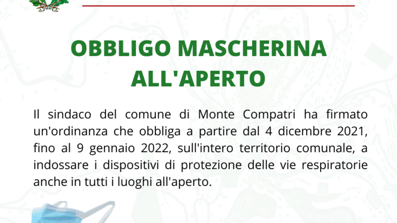 Monte Compatri: ordinanza del sindaco, mascherine all’aperto a partire da sabato 4 dicembre