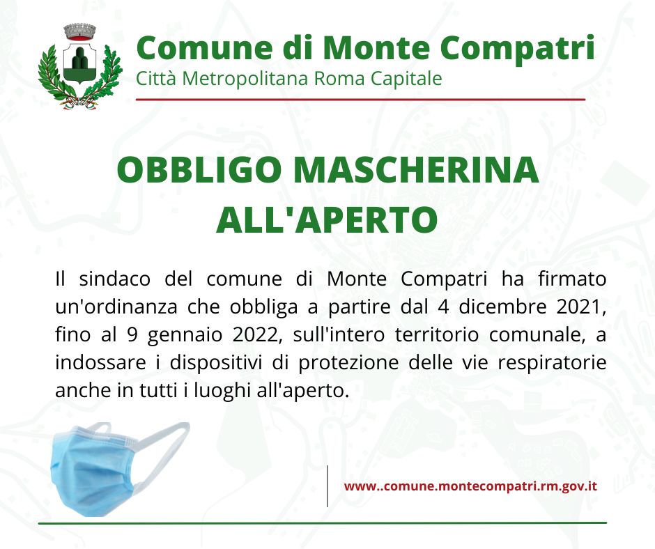 Monte Compatri: ordinanza del sindaco, mascherine all’aperto a partire da sabato 4 dicembre