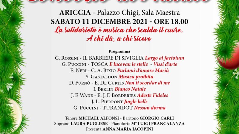 Ariccia, Concerto di Natale, domani alle 18 nella sala maestra di Palazzo Chigi a favore dell’Aism