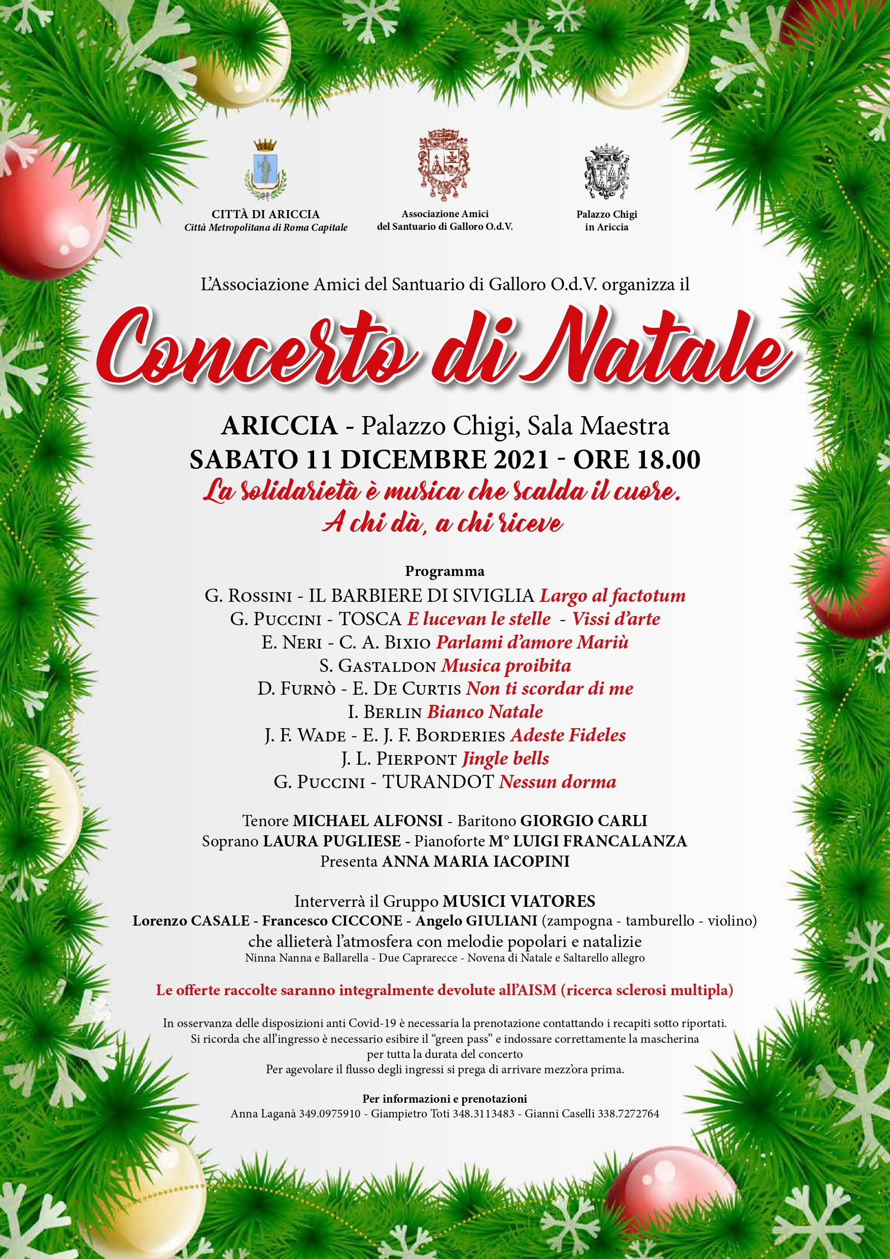 Ariccia, Concerto di Natale, domani alle 18 nella sala maestra di Palazzo Chigi a favore dell’Aism