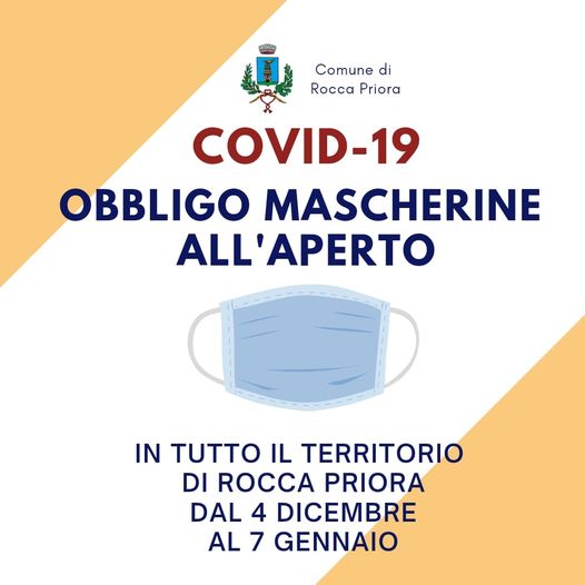 Rocca Priora,89 positivi al covid: dal 4 dicembre scatta l’obbligo di mascherine all’aperto