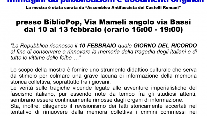 S. Maria delle Mole/Marino, Bibliopop il 27 Gennaio giorno della Memoria, il 10 Febbraio quella del Ricordo: “Proponiamo Cultura, conoscenza e coscienza per la Costituzione nata dalla Resistenza”