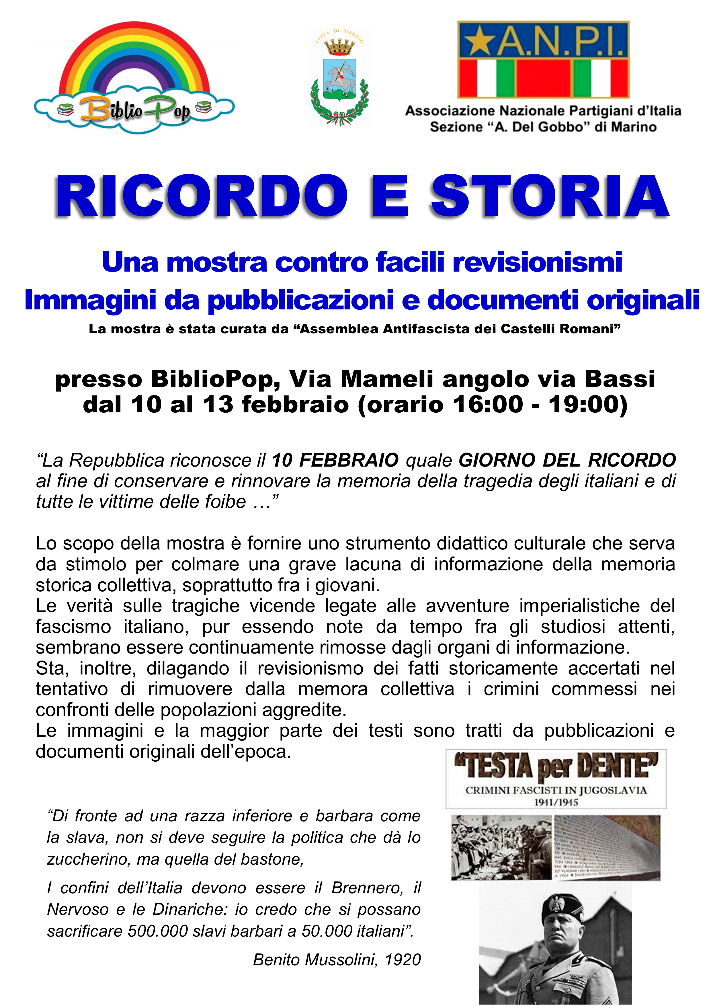 S. Maria delle Mole/Marino, Bibliopop il 27 Gennaio giorno della Memoria, il 10 Febbraio quella del Ricordo: “Proponiamo Cultura, conoscenza e coscienza per la Costituzione nata dalla Resistenza”