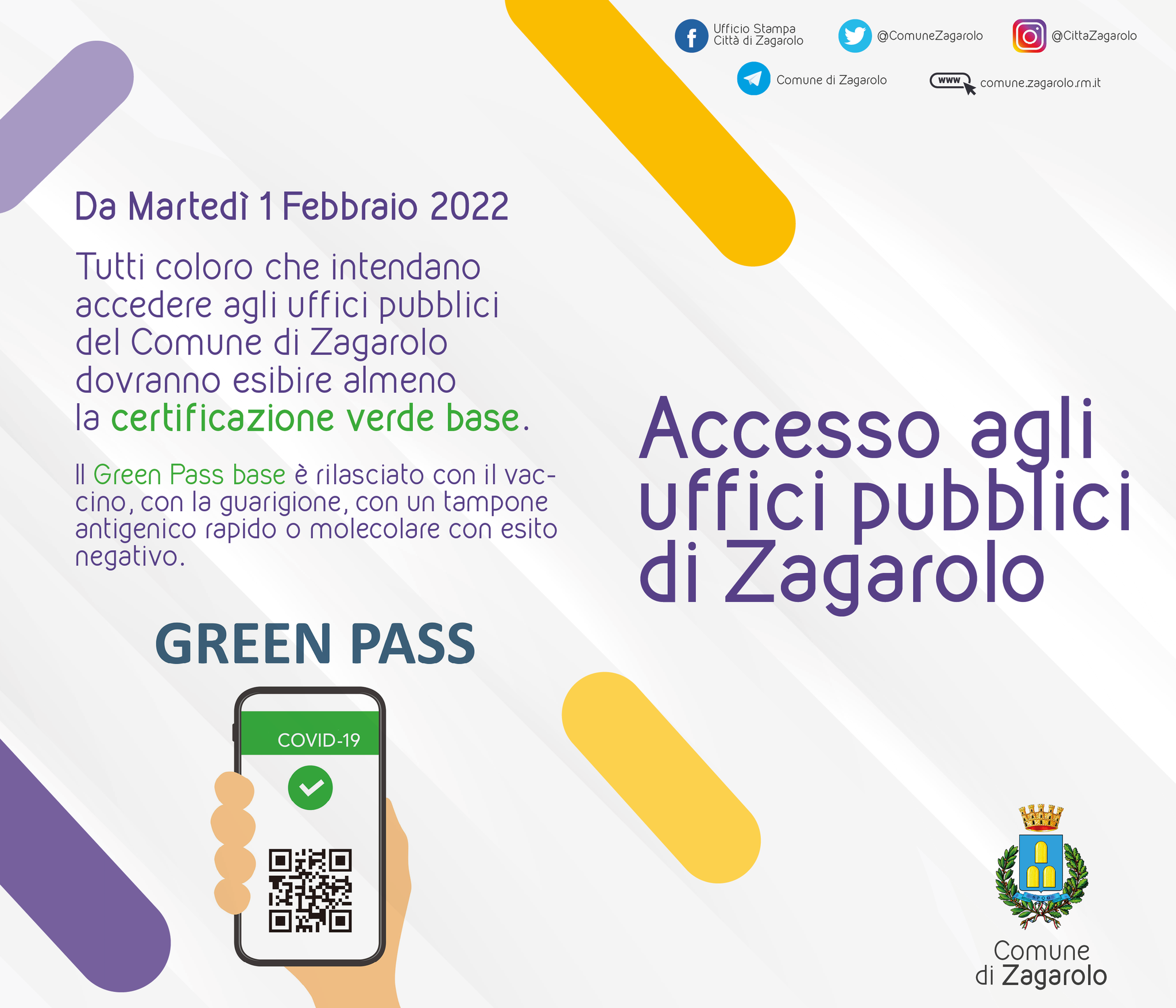 Zagarolo, 1 Febbraio 2022: obbligatorio almeno il green pass base per accedere agli uffici pubblici