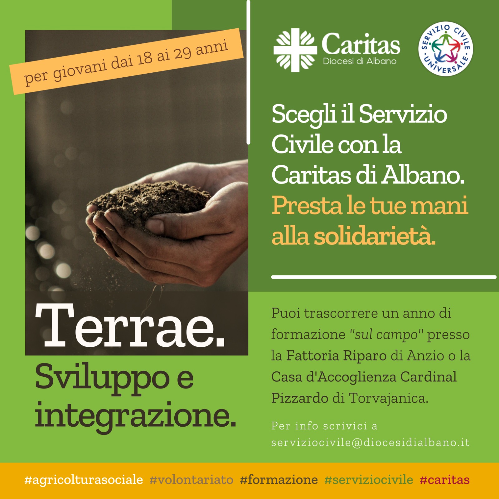 Servizio Civile con la Caritas: 4 posti con il progetto “Terrae. Sviluppo e integrazione-Albano”