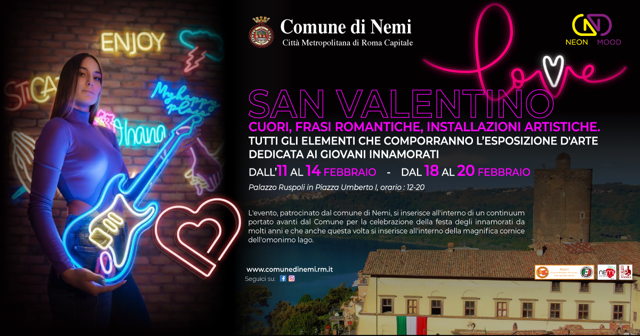 Nemi, esposizione di arte al neon dedicata a tutti gli innamorati per San Valentino