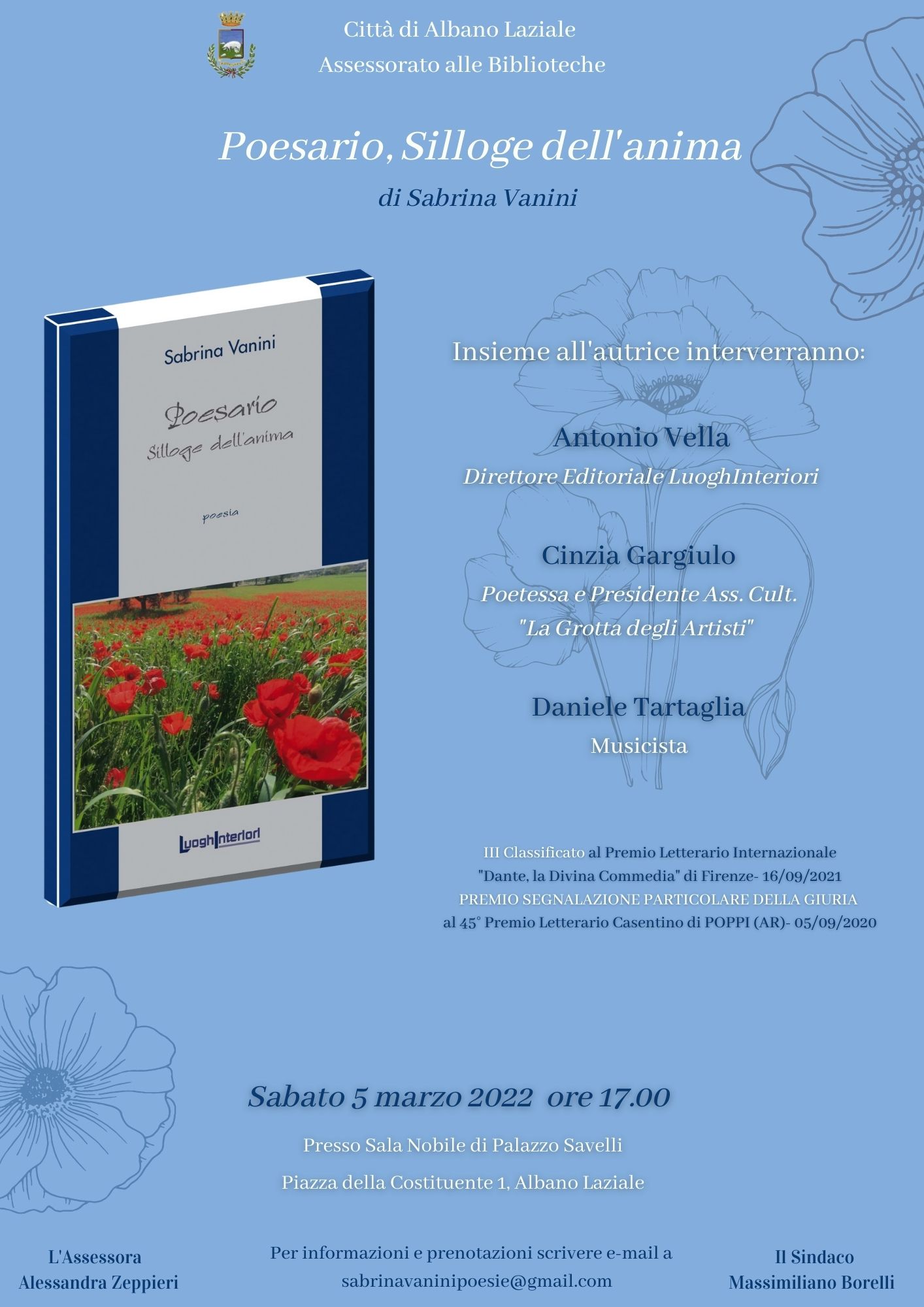 Albano Laziale, il 5 marzo verrà presentato il libro di Sabrina Vanini, “Poesario, silloge dell’anima”, presso la Sala Nobile di Palazzo Savelli