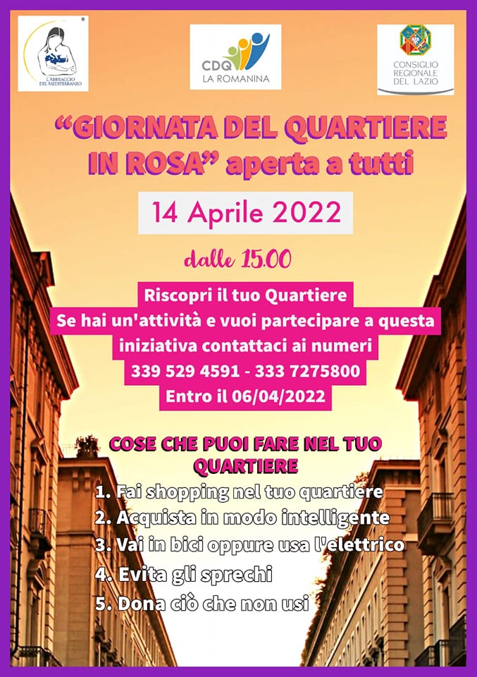 Roma, l’associazione ‘L’Abbraccio del Mediterraneo’ presenta la 1^ Giornata del Quartiere in Rosa