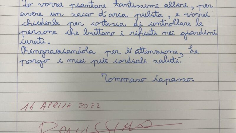 Velletri, Tommaso scrive una letterina per l’assessore Favetta Romano: “Grazie per aver piantato tre alberi”