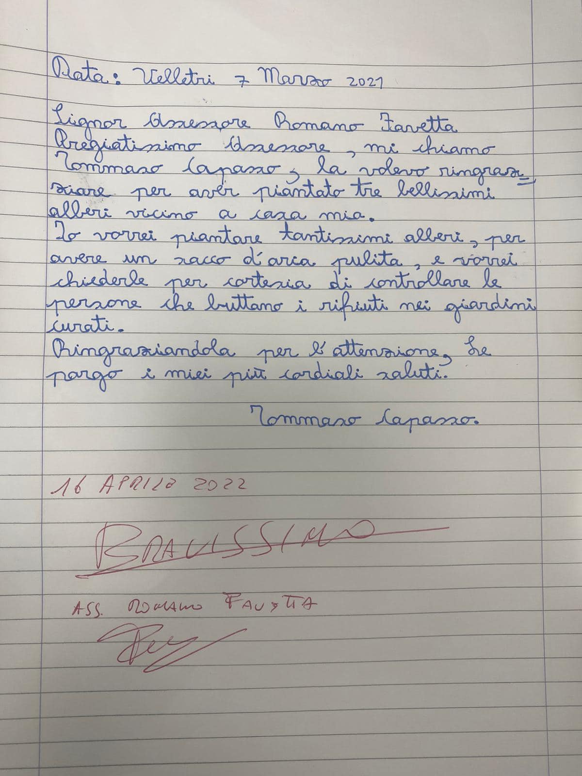 Velletri, Tommaso scrive una letterina per l’assessore Favetta Romano: “Grazie per aver piantato tre alberi”