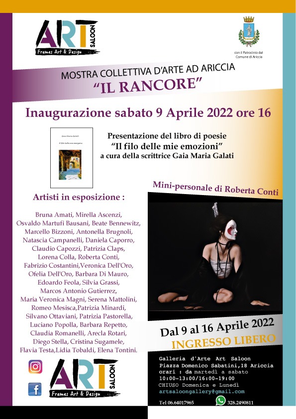 Ariccia, da domani alla Galleria d’Arte ‘Art Saloon’ di piazza Sabatini la mostra collettiva ‘Il Rancore’