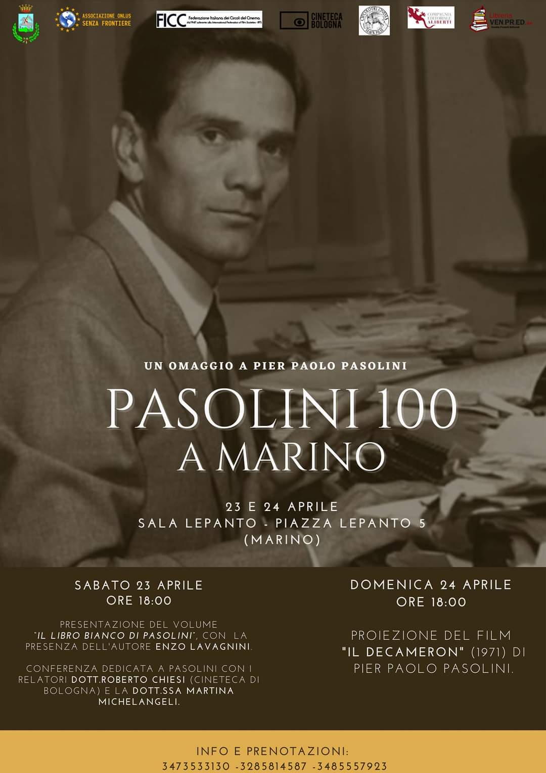 “Pasolini 100 a Marino”, Sala Lepanto: sabato 23 e domenica 24 aprile ore 18:00