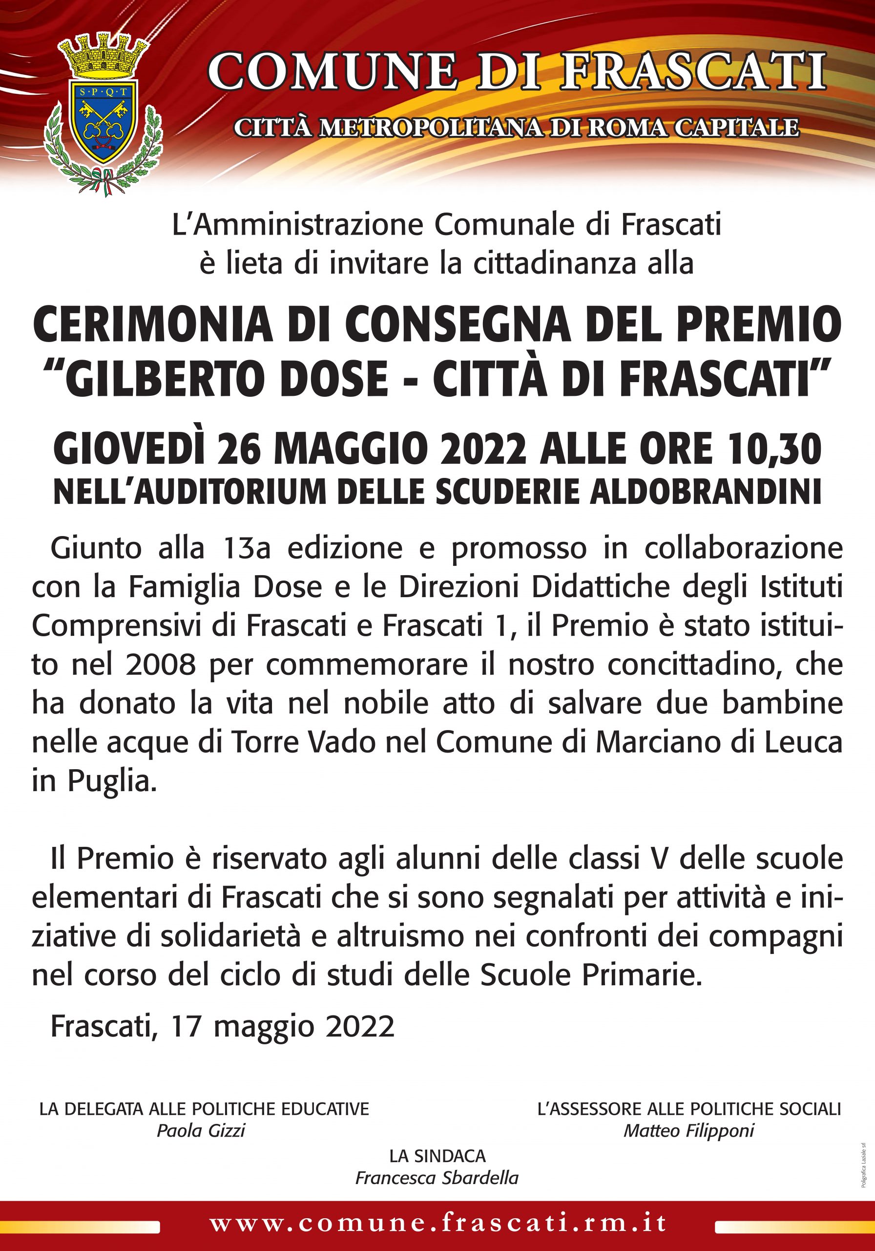 Frascati torna ad assegnare il Premio Gilberto Dose, per ricordare il gesto di altruismo compiuto dal cittadino frascatano