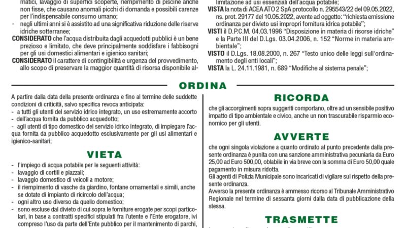 Albano laziale, vietato l’uso improprio di acqua potabile