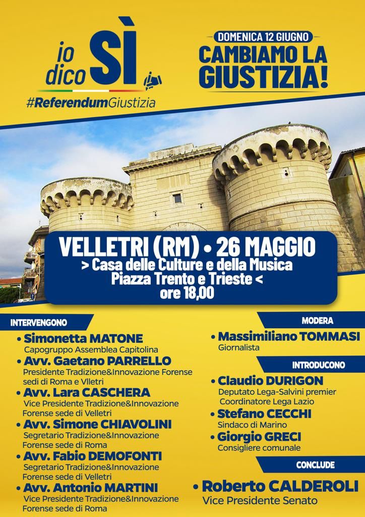 Referendum sulla Giustizia, domani l’incontro a Velletri organizzato dal Comitato del Si e dall’associazione Tradizione e Innovazione Forense di Roma e Velletri